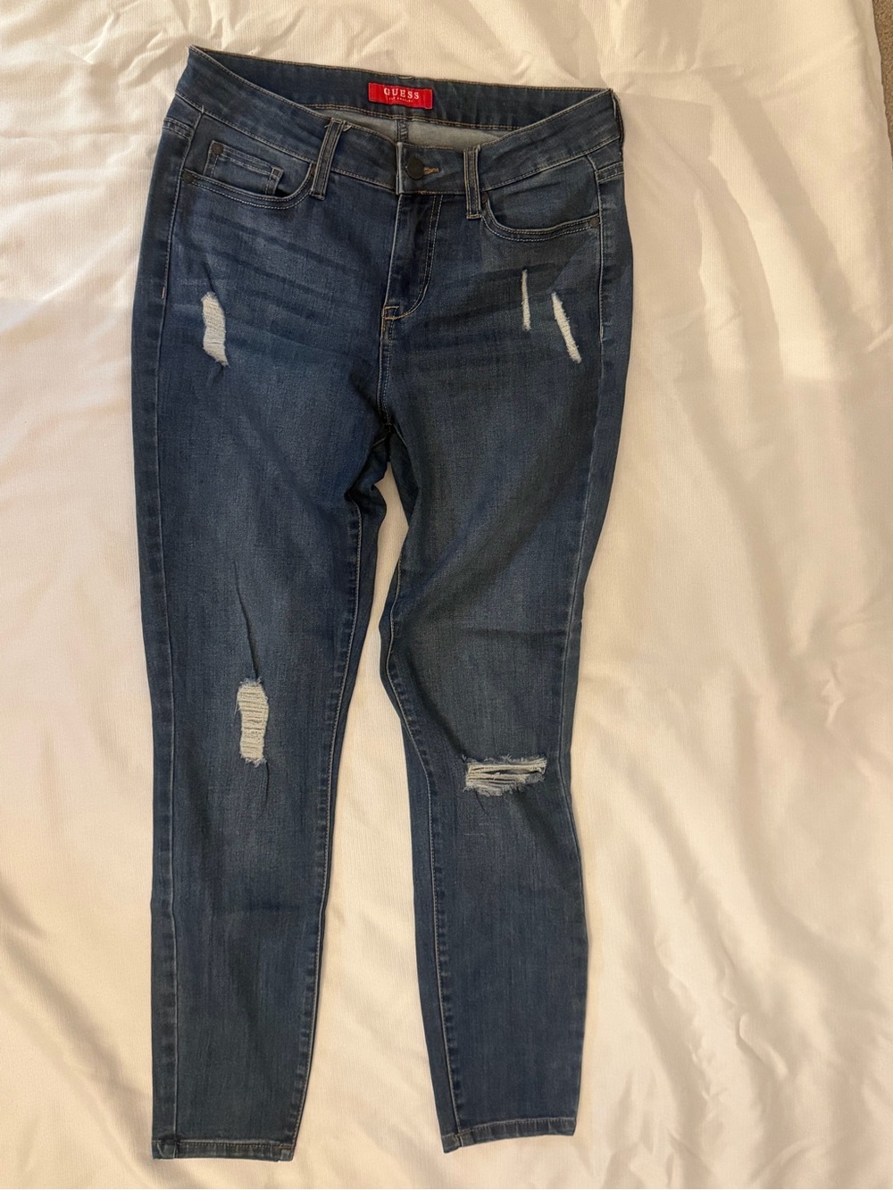 GUESS Women's Distressed Dark Blue Skinny Jeans